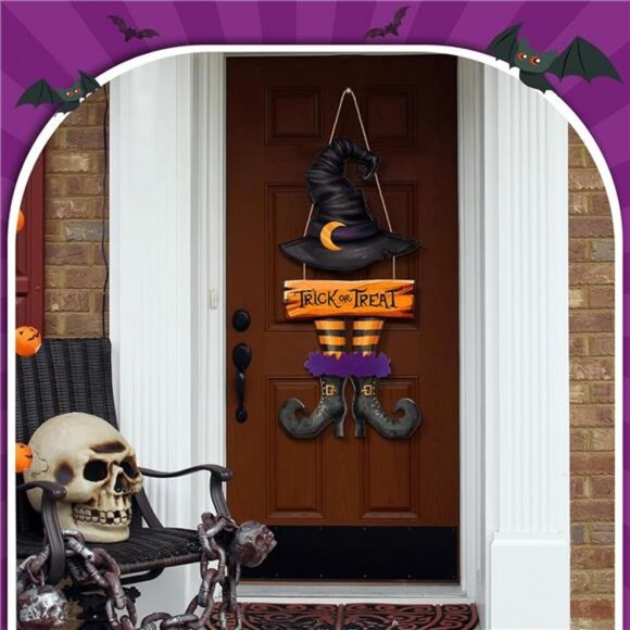 Halloween Door Sign Witch Wreath Decorations Trick or Treat Wooden Hanging Decor - Picture 2 of 7